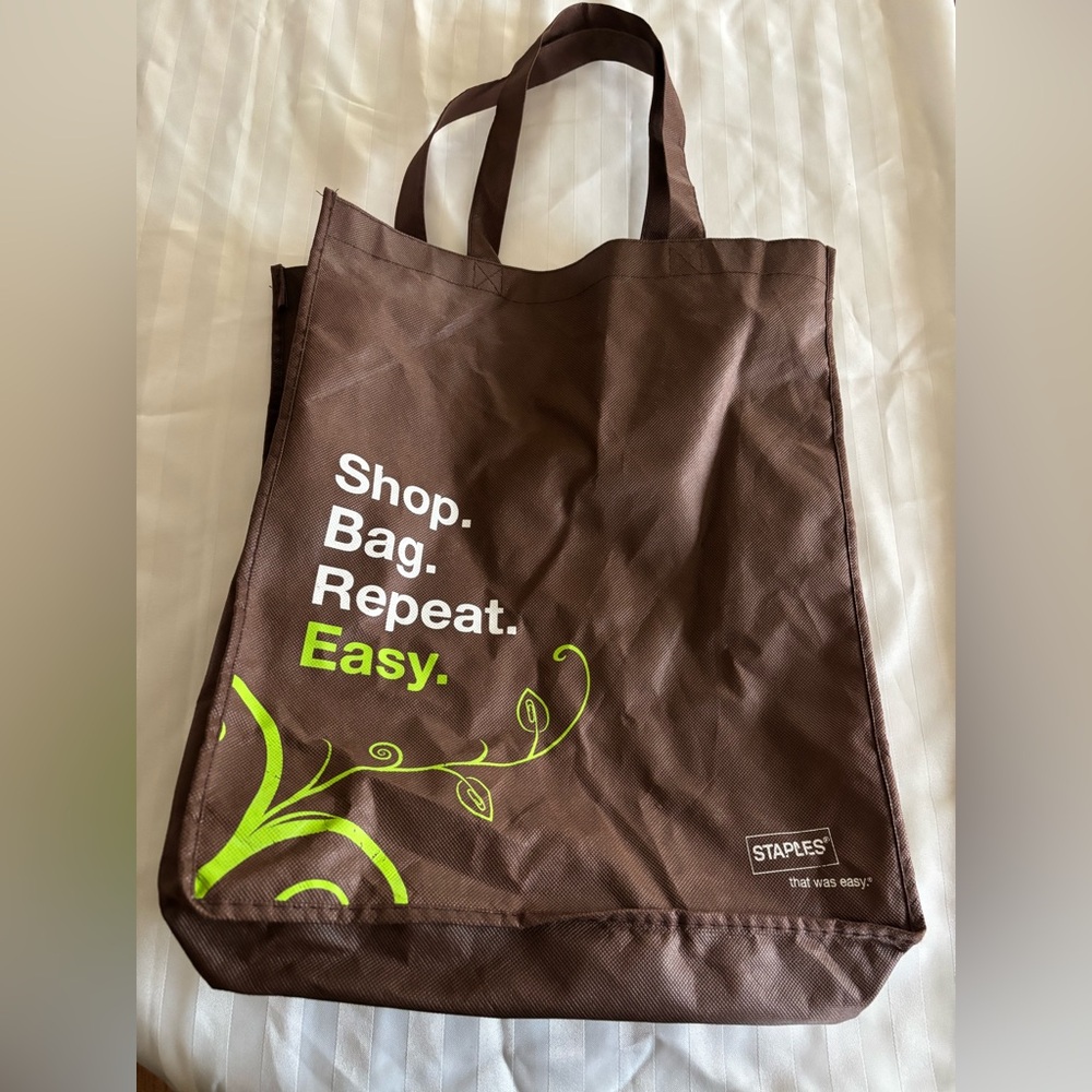 Staples Brown, Green and White Fabric Reusable Shopping Bag (Good Condition)